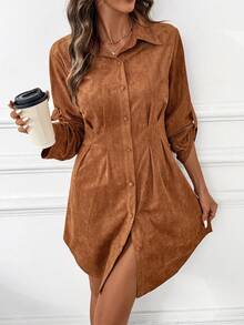 SHEIN Clasi Women's Suede Fleece Shirt Dress, Suitable For Commuting, Outings, And Gatherings,Winter Dress Fall Clothes For Women Autumn Dress Elegant Brown Dress - Brown - View 5
