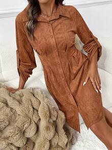 SHEIN Clasi Women's Suede Fleece Shirt Dress, Suitable For Commuting, Outings, And Gatherings,Winter Dress Fall Clothes For Women Autumn Dress Elegant Brown Dress - Brown - View 6