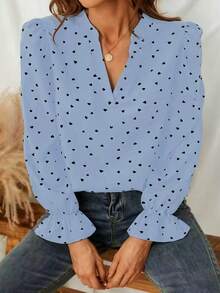 Calvaya 女式优雅心形印花缺口领荷叶边袖宽松衬衫，春秋季