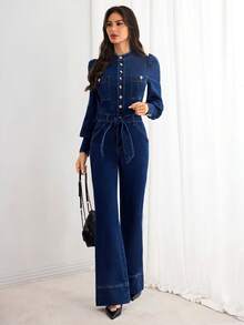 Elenzga 女式金属纽扣半襟泡泡袖系腰优雅喇叭牛仔连体裤 - 深色水洗藍 - 查看 1