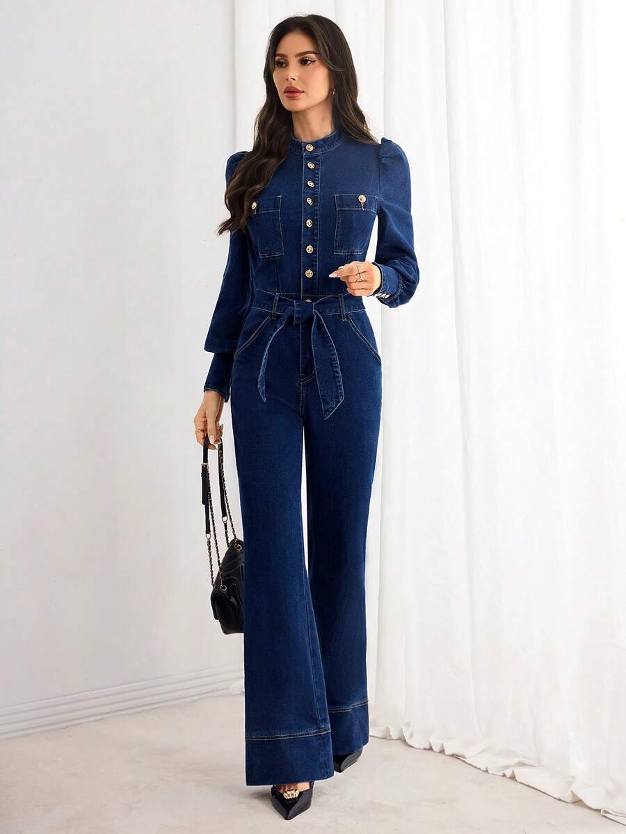 Elenzga 女式金属纽扣半襟泡泡袖系腰优雅喇叭牛仔连体裤 - 深色水洗藍 - 查看 1