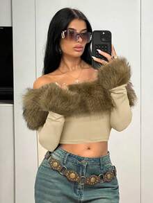 SHEIN ICON Women's Solid Color Fitted Off Shoulder Faux Fur Trim Long Sleeve T-Shirt - Khaki - View 4