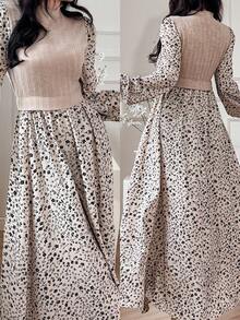 Serisse Kids 青少年女孩休闲优雅针织罗纹花卉拼布灯笼袖连衣裙，适合日常外出、旅行和度假 - 卡其色 - 查看 10