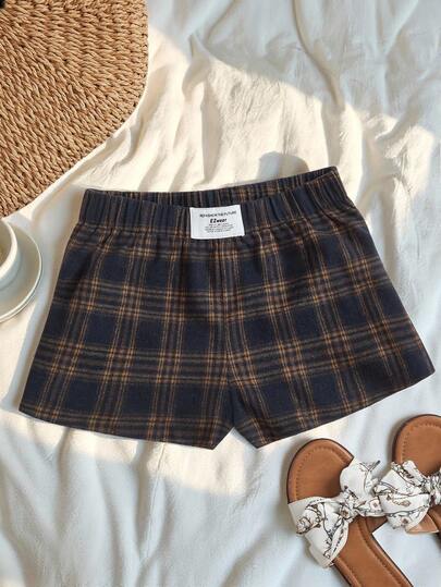 SHEIN PETITE 女式格子短裤，百搭休闲风格，适合秋冬内搭女式格子短裤，复古波西米亚风格纹短裤，夏季