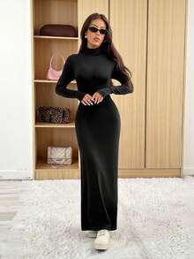SHEIN PETITE Damen elegantes einfarbiges Maxi Rollkragen Langarm Bodycon Kleid, Frühling Herbst Langkleid Schwarzes Langkleid Winterliches sexy Langkleid Langarm Langkleid - Schwarz - Übersicht 3