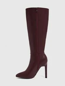 CUCCOO SZL 女士尖头细高跟金属扣勃艮第酒红色秋冬侧拉链及膝靴，简约设计，适合通勤、购物、派对 - 酒紅色 - 查看 5