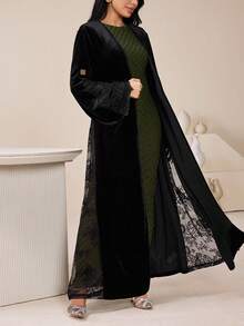 Veilorie Women's Solid Color & Printed Patchwork Abaya, Minimalist Everyday Long Sleeve Abayas Dubai Luxury