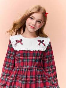 Tween Girl Ruffled Collar & Cuffs Patchwork Buttoned A-Line Dress, White & Brown,Holiday,Summer,Travel - Red - View 6