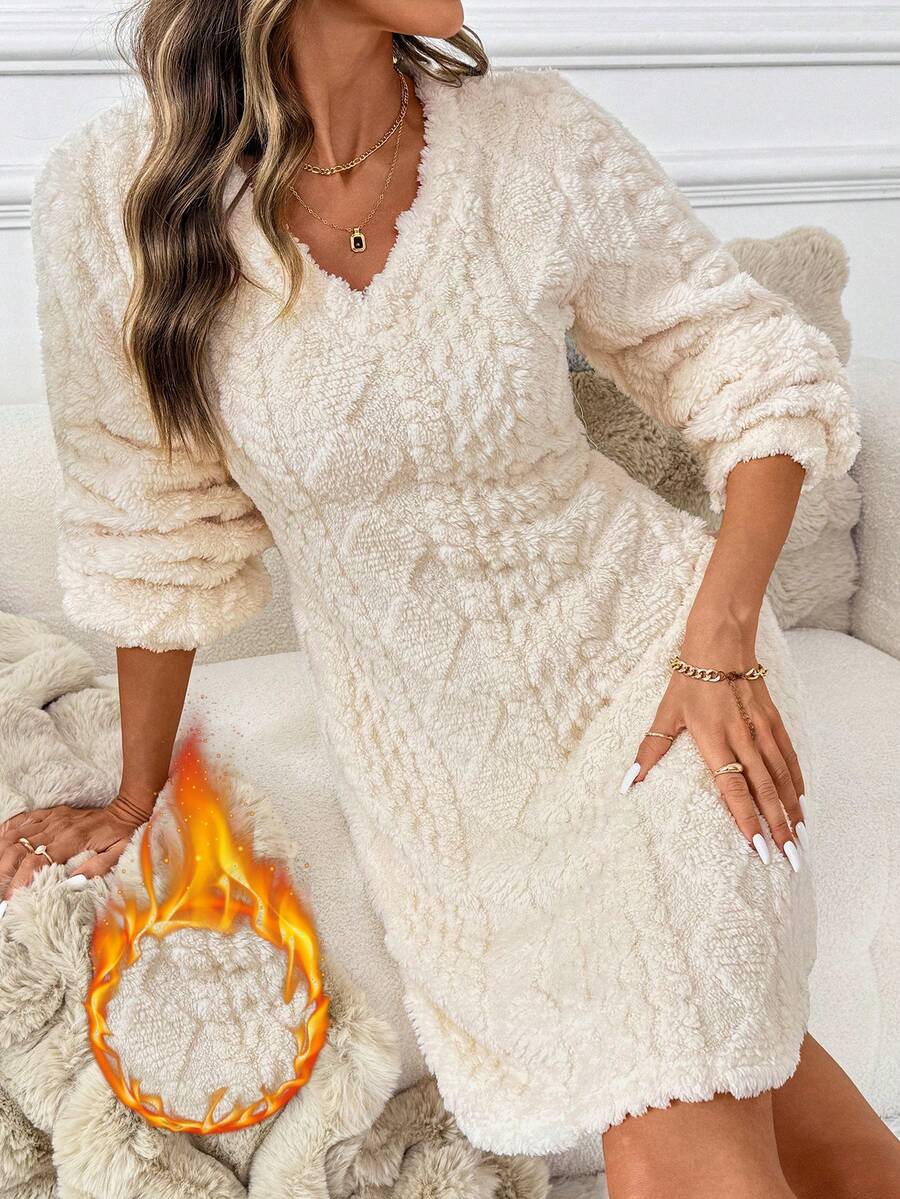 SHEIN Clasi 女式 V 领长袖针织弹力米色/杏色纹理面料优雅日常迷你连衣裙，秋冬 - 杏色 - 查看 1