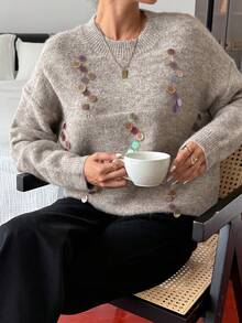 DAZY Sequin Embellished Oversized Sweater For Women, High-End Loose Casual Knit Pullover, Autumn/Winter - Khaki - View 6