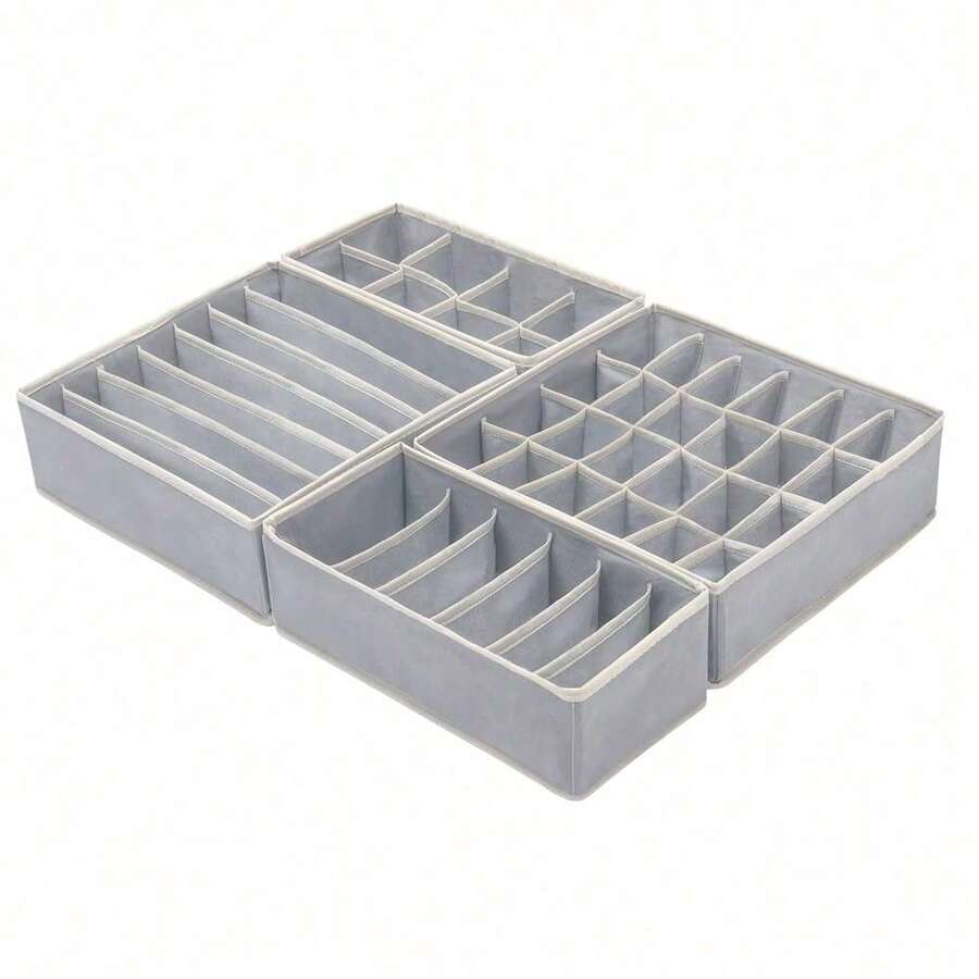 可折叠内衣和胸罩抽屉收纳盒，布艺衣柜抽屉收纳隔板，衣物收纳整理盒，适用于内衣、内裤、袜子、三角裤、领带等装饰品，节日装饰，房间装饰，家居装饰，卧室装饰，收纳盒，家居收纳，女士白色T恤，女士黑色裤子，女士冬季服装，连衣裙 - 灰色白邊 - 查看 1
