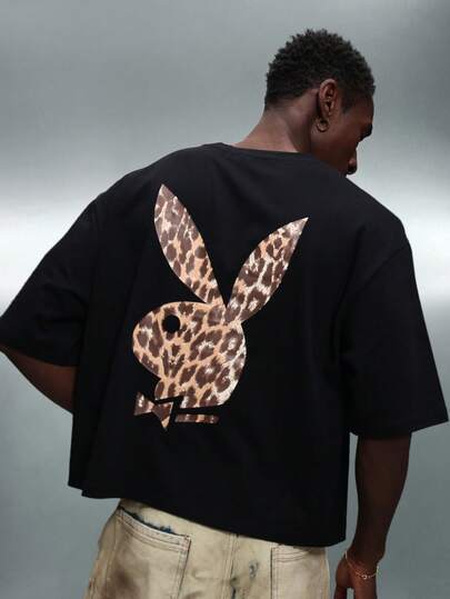 PLAYBOY X SUMWON Cropped Fit Short Sleeve Graphic Tee With Leopard Print Bunny Logo Statement Streetwear Top