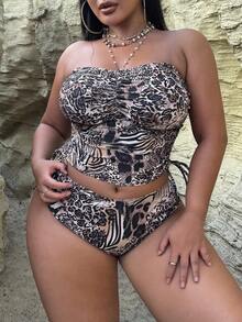 Slaydiva 加大码分体泳衣两件套，简约休闲夏季女式沙滩装，随机印花 - 彩色 - 查看 3