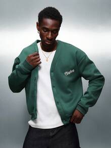 PLAYBOY X SUMWON Crop Fit Varsity Cardigan Sweatshirt With Button Front Closure And Logo Embroidery - Dark Green - View 6