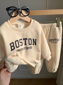 SHEIN 2pcs Baby Boy Letter Print Crew Neck Long Sleeve Hoodie And Elastic Waist Ankle Length Pants Tracksuit Set Winter Clothes - Apricot - View 4