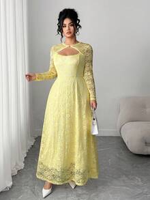 Elenzga 大码女式优雅法式性感修身镂空长袖 A 字蕾丝连衣裙 - 淡黃色 - 查看 3