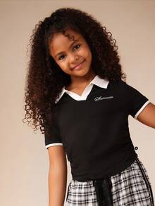 SUMWON Tween Girls Collared Polo Top And Plaid Wide Leg Pants Coordinate Set School Casual Preppy Outfit - Black - View 3