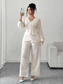 Elenzga 女式加大码纯色 V 领雪纺拼接长袖仿口袋上衣和阔腿裤优雅两件套 - 杏色 - 查看 3