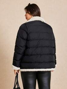 Elaquor Abrigo de felpa negra con parches de piel sintética, estilo urbano chic minimalista y casual para mujer de talla grande en invierno - Negro - Ver 2