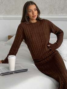 EURMUSE Women's Cable Knit 2 Pieces Set In Dark Brown With Regular Fit - Brown - View 4