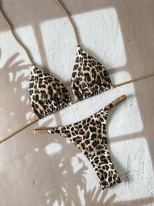 Swim Vcay Women's 2-Piece Leopard Print Rope Strap Pants Bikini Set, Halter Design, Vacation Style, Spring/Summer - Brown - View 8