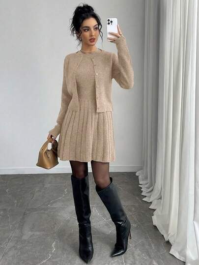 Elenzga 女士休闲日常通勤简约纯色无袖褶边毛衣裙和纽扣开衫套装，秋季