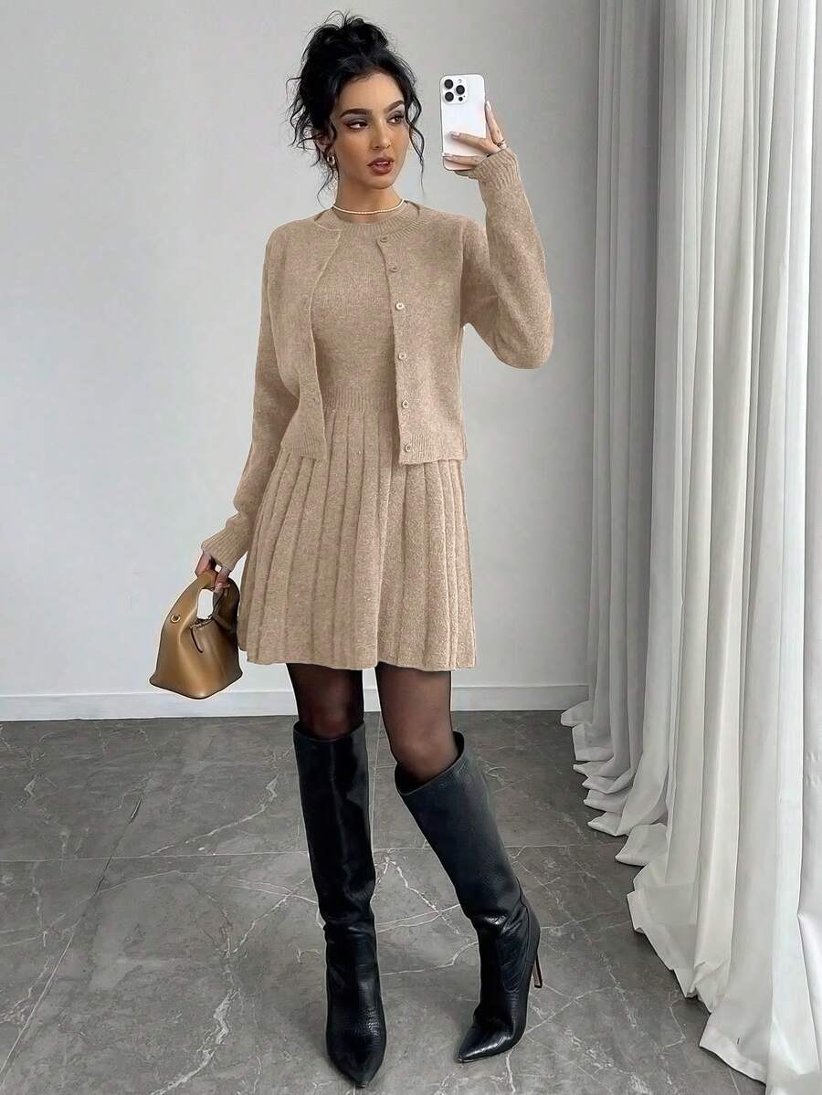 Elenzga Bộ đồ len cardigan cài nút đơn giản, không tay, viền xếp ly, màu trơn, thoải mái khi đi làm hàng ngày dành cho nữ, mùa thu - Màu be - Xem 1
