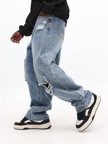 SUMWON Jeans de pierna ancha de color azul claro desgastado con detalles de rodilla rasgada para moda casual de calle - Azul - Ver 4