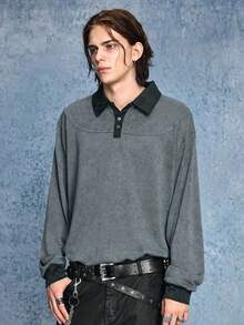 ROMWE MEN Casual 男士落肩长袖半扣撞色宽松舒适套头卫衣 - 深灰色 - 查看 6
