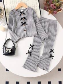 Elladie kids 2 Stücke/Set Kleinkind Mädchen süßer flauschiger gerippter Langarm-Top mit Schleifen-Dekor, modisch & niedlich kombiniert mit lässiger Sporthose