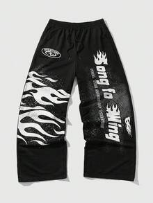ROMWE MEN Street Life Men's Slogan Print Sweatpants, Suitable For Everyday Wear, Spring/Summer - Black - View 1