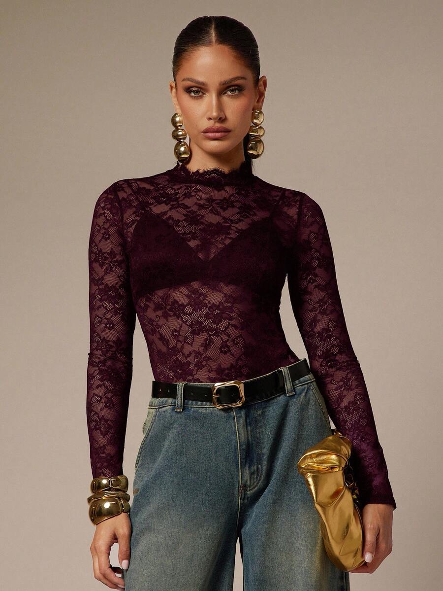 Silquee Eleganter, sexy durchsichtiger Spitzen-Bodysuit für Damen