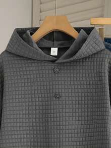 SHEIN 青少年男童休闲宽松舒适百搭织唛装饰纽扣门襟卫衣，适合秋季、冬季、外出、运动穿着。 - 深灰色 - 查看 4