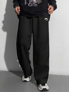 SHEIN 青少年男童宽松直筒裤，撞色黑色饰边，秋冬百搭，适合上学、居家、日常穿着、运动、生日派对、郊游，百搭、简约、复古 - 黑色 - 查看 8