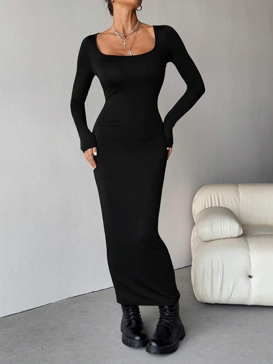 SHEIN Tall Women's Fall/Winter Basic Knit Grey Fitted Square Neck Long Sleeve Dress Long Bodycon Dress Tight Long Dress Slim Dress Black Sexy Dress Women,Dresses For Women Elegant,New Year Dress ,Elegant Party Dresses - Black - View 1