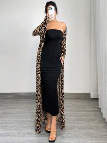 SHEIN SXY 2pcs Women's Spring Summer Leopard Print Long Sleeve Maxi Jacket And Bodycon Dress Set Cheetah Print - Multicolor - View 5