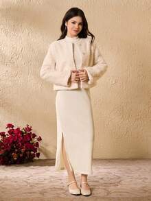 Elegant Minimalist Elegant Round Neck Long Sleeve Short Plush Woolen Coat With Turtleneck Long Sleeve Fitted Waist Dress Set, Teenage Girls Winter Fashion Outfit