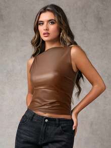 SHEIN BAE Áo ba lỗ ngắn tay xếp ly cổ tròn bằng da PU trơn màu thời trang dành cho nữ - màu nâu - Xem 6