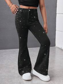 千禧少女春夏度假纯色水洗优雅高腰水钻弹力喇叭牛仔裤，毛边裤脚，夏季海滩波西米亚风度假喇叭裤，夏季音乐会、节日休闲派对、夏季早午餐、教堂毕业典礼、街头风、返校季喇叭裤，低腰宽松星形牛仔裤 - 黑色 - 查看 7