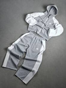 PAVTROS Manfinity Streetrush 2pcs Men's Hooded Sweatshirt And Drawstring Pants Set , Men Two Pieces Set , Men Jogger Set , Men Grey And White Set , Men Tracksuit , Fall Clothes - Brown - View 6