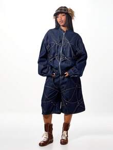 SUMWON WOMEN Oversized Denim Bomber Jacket With Applique Details And Belted Waist For Women Fall Winter Streetwear - Navy Blue - View 4