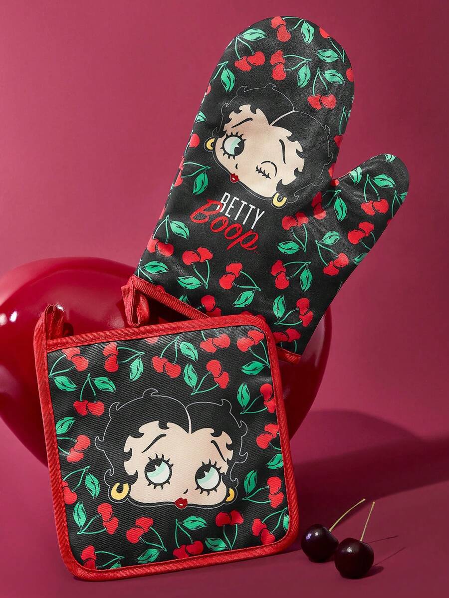 Betty Boop x SHEIN 樱桃红厨房隔热套装 烤箱手套/隔热垫 厨房烘焙必备 有效隔离热源 单/组合 - 彩色 - 查看 1