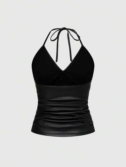 Goth Women's Sexy PU Halter Gothic Cross Pendant Side Ruched PU Tank Top
