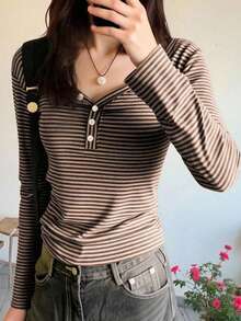 EMERY ROSE 女士休闲条纹长袖T恤，秋季 - 彩色 - 查看 3