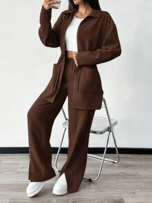 Modelyn 2 件套女士纯色前拉链口袋长袖上衣和裤子休闲装 2 件套 - 咖啡棕 - 查看 6