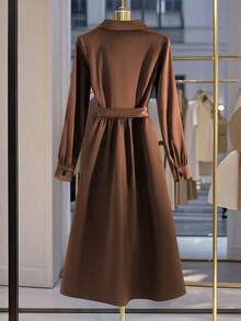 GlowEve Women's Elegant Elegant Simple Solid Color Surplice Collar Buckle Belted Dress - Brown - View 2