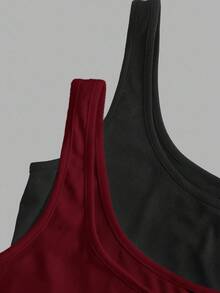 Slaydiva Black & Burgundy Women's Casual Crew Neck Ruched Bodycon Tank Top Set, Versatile For Daily Wear - Multicolor - View 7