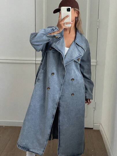 DAZY Women's Fashion Washed Double-Breasted Denim Jacket,Fall Clothes,Back To School Clothes