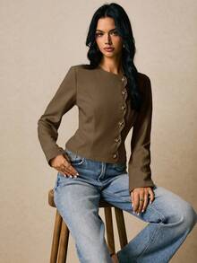 Poéselle Women's Metal Button Decorated Long Sleeve Shirt - Brown - View 6