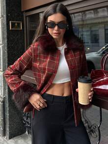 Aloruh 女式圣诞格纹印花修身仿皮草拼布夹克，女式秋冬外套 - 彩色 - 查看 8